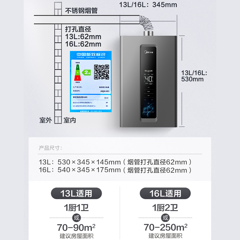 美的燃气热水器 天然气双增压水伺服 强排式变频恒温智能家电四季免调温RF3 16升JSQ30-RF3[全屋供水]高清大图