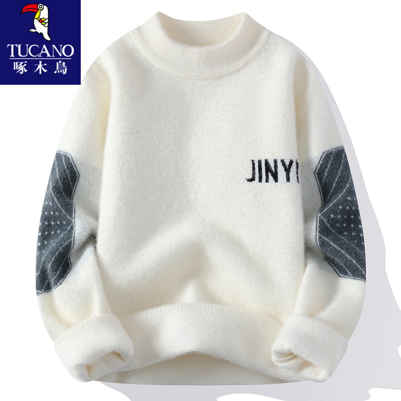啄木鸟】水貂绒毛衣男秋冬季青少年半高领针织打底衫加厚保暖上绒高清大图