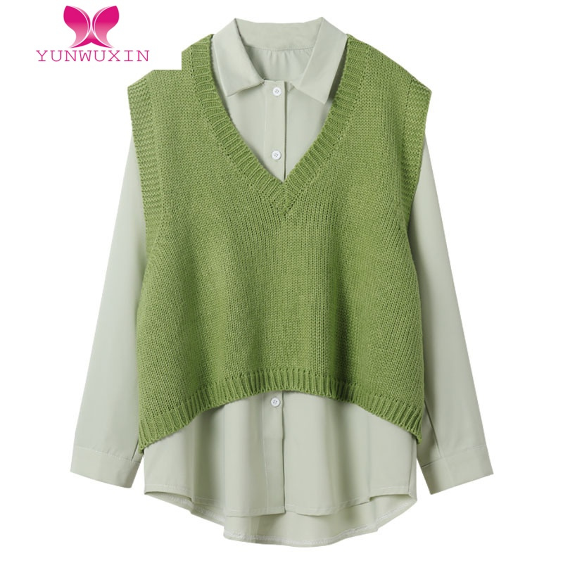 yunwuxin绿色针织小背心马甲女外搭设计感小众衬衫毛衣叠穿上衣两件套