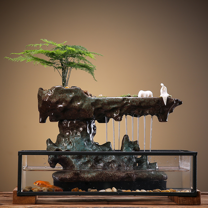 创意陶瓷鱼缸玻璃流水循环器禅意家居办公室桌面客厅水景装饰摆件收纳袋 三维工匠 锦绣前程送文竹