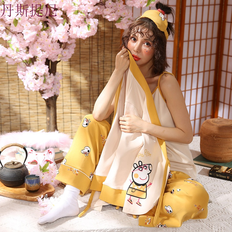 睡衣女春秋季纯棉长袖三件套甜美日式和服冬睡袍家居服套装