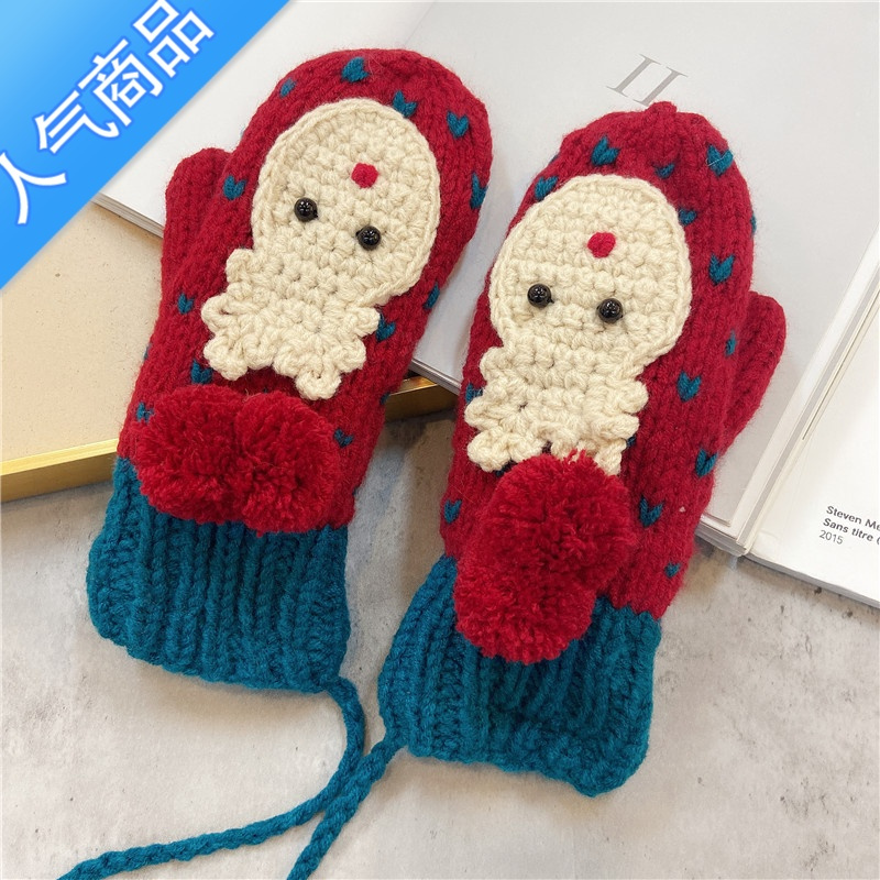 suntek保暖新款可爱女冬针织手套网红卡通内加绒秋冬季挂脖指毛线手套