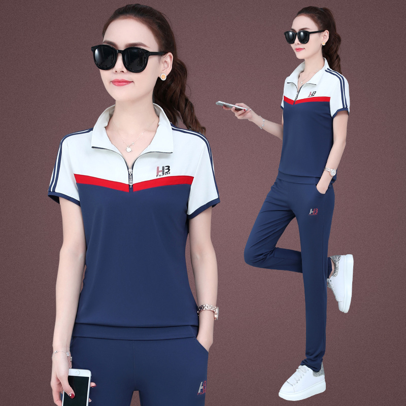 夏季运动服套装女2021新款时尚宽松洋气短袖立领休闲跑步服两件套