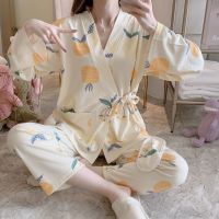 日系和服春秋季长袖睡衣女宽松可爱清新学生休闲家居服套装可外穿 [一套价]和服#菠萝[送眼罩] M码[75-95斤]