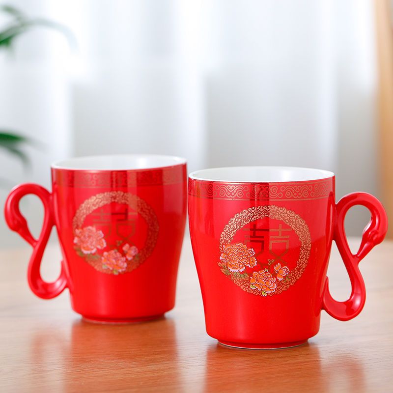 结婚大红色陶瓷杯子婚庆用品新人洗漱牙杯牙刷情侣创意对杯刷牙杯陶瓷
