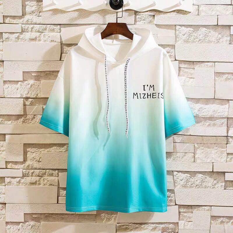 男士夏季连帽卫衣男韩版学生潮流青少年短袖t恤上衣服渐变男装ins