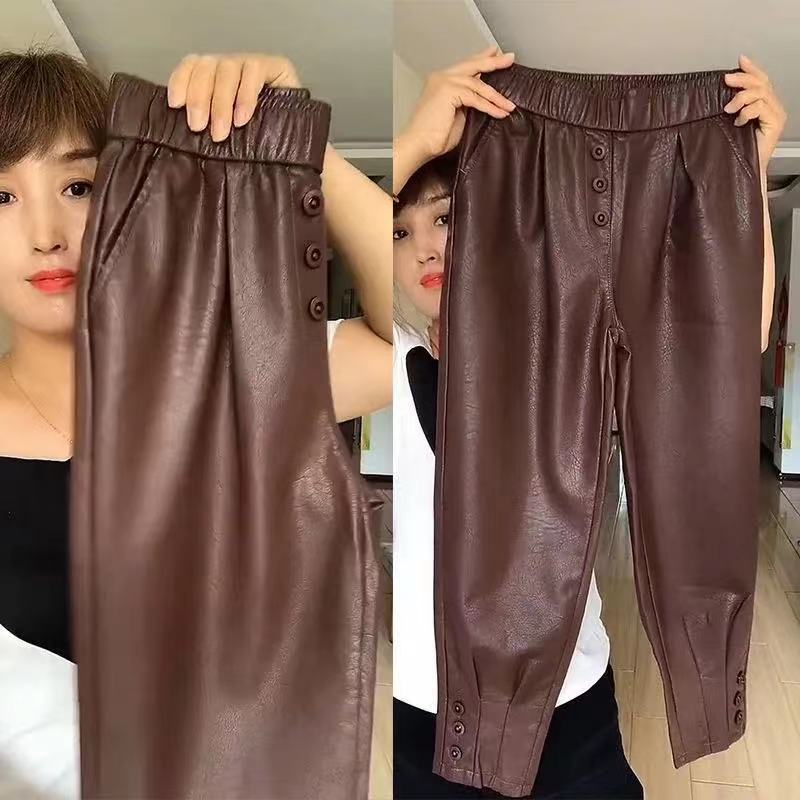 单/加绒2021新款pu皮裤女洋气休闲时尚束脚皮哈伦裤200斤胖妹妹女