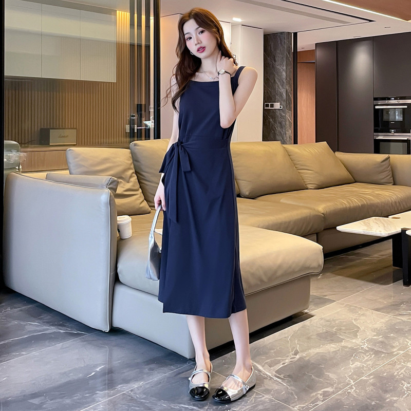 [2.5折价103元]唐狮夏季女圆领背心净色无袖连衣裙简约气质优雅百搭高级感