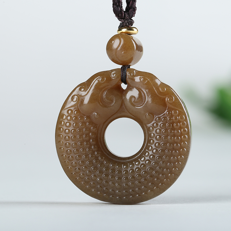 [双龙守护]新疆和田玉吊坠玉坠且末糖玉仿古龙挂件玉佩天然玉石