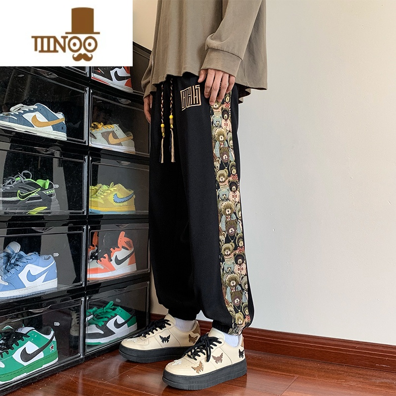 YANXU束脚卫裤男秋季国风潮牌小熊刺绣大码宽松潮流百搭休闲长裤子高清大图