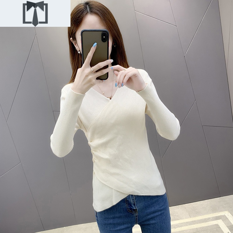SUNTEK交叉v领打底衫女春季新款女装短款长袖套头针织衫不规则修身毛衣毛衣