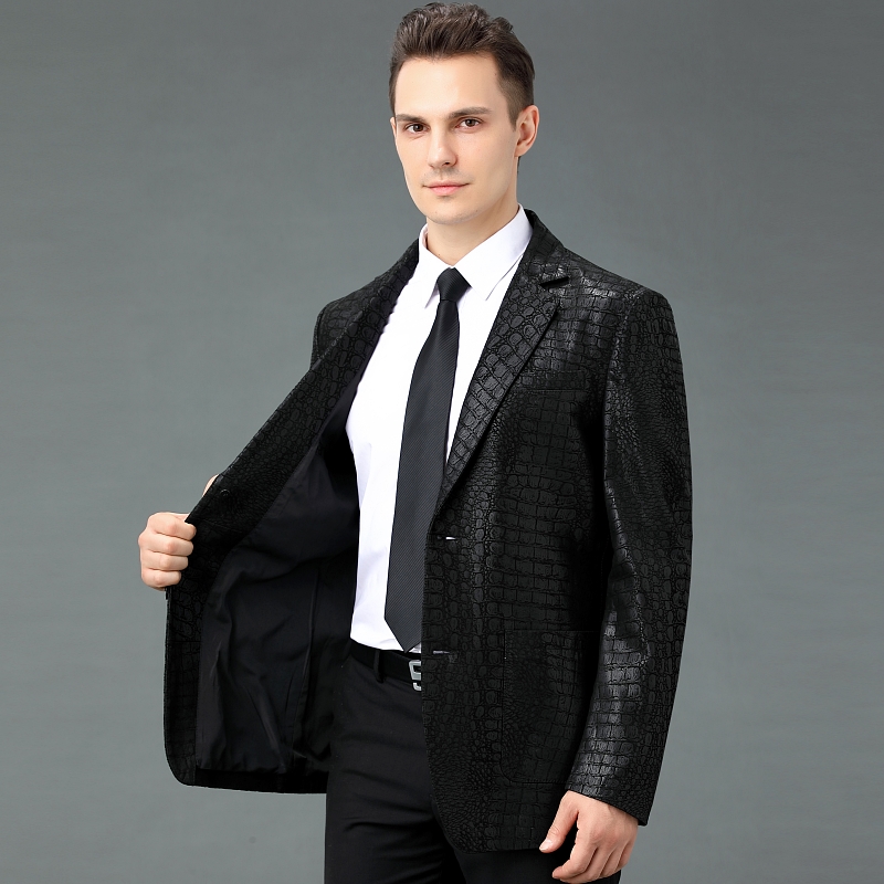 免费试穿 100%头层真皮潮牌皮西服男外套2025秋季男士上衣皮西装韩版男休闲皮衣新款外套潮海宁鳄鱼皮夹克大码男装高清大图