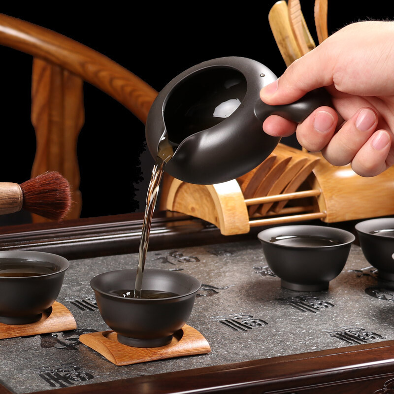 尚帝 紫砂茶具套装功夫茶杯茶壶黑檀木茶盘乌金石茶托四合一电茶炉 如意石紫砂紫气东来智能旋转加水套装