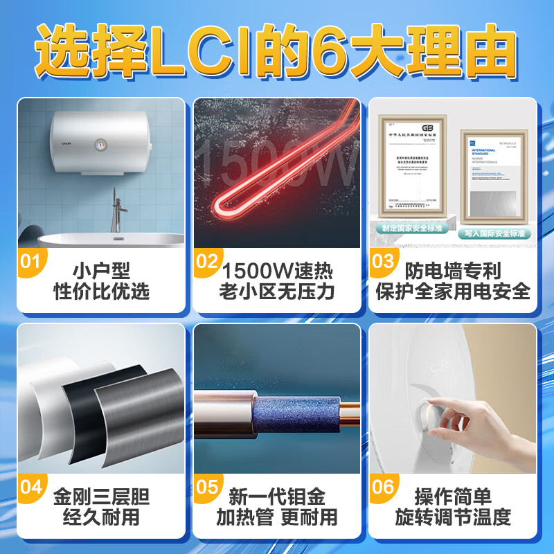 Leader海尔智家40升电热水器 LES40H-LC(1) 1500W速热 致密保温层 二级能效高清大图