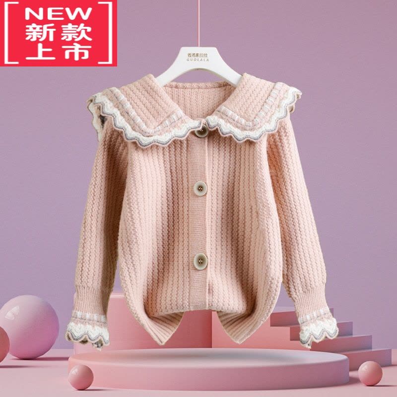 可莉允2022秋冬季新款女童红毛衣开衫洋气娃娃领针织外套儿童中大童春装图片