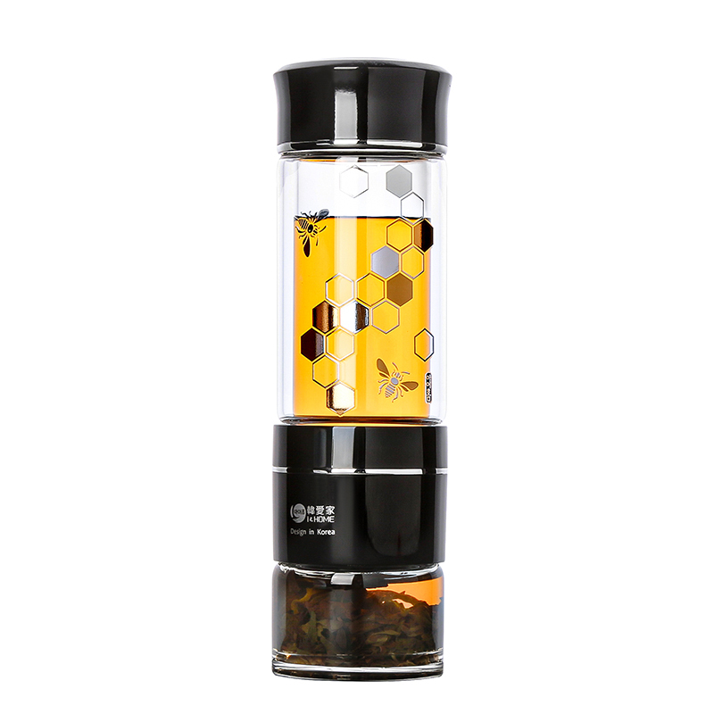 常生源 茶水分离杯 双层玻璃杯旋转茶具泡茶水杯温度显示过滤便携杯子 数显黑色