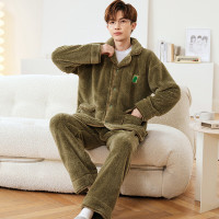 浪莎睡衣男士珊瑚绒秋冬季加绒加厚开衫翻领家居服可外穿简约两件套装