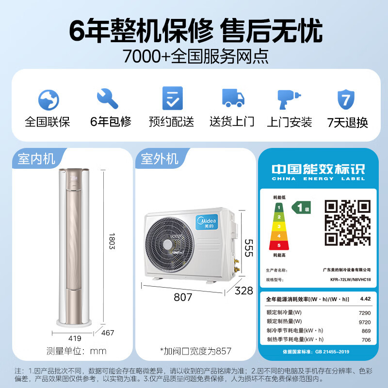 美的(Midea)空调 锐静 3匹新一级能效变频冷暖智能立式柜机节能自清洁客厅家用落地式KFR-72LW/N8VHC1Ⅱ