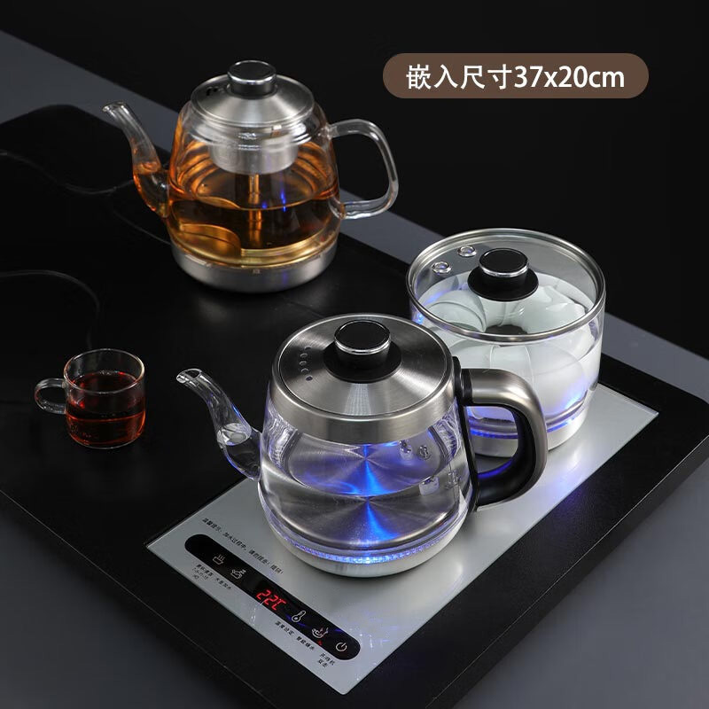 鸣盏全自动上水电热水壶茶具套装1L手柄加水-银色三合一款(37*20cm)