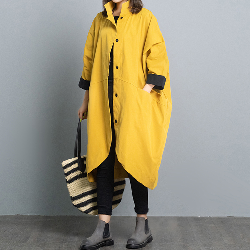 艳如飞蝙蝠袖高领风衣女秋季文艺大码宽松中长款不规则o型休闲撞色