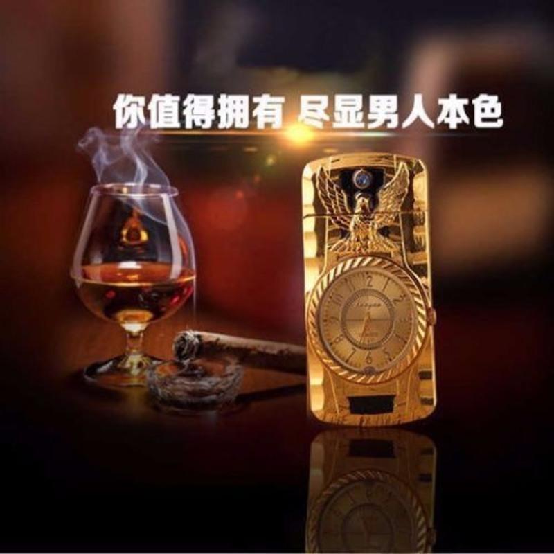 创意防风充气打火机带七彩灯电子真手表闪灯创意手表打火机点烟器 老鹰金色