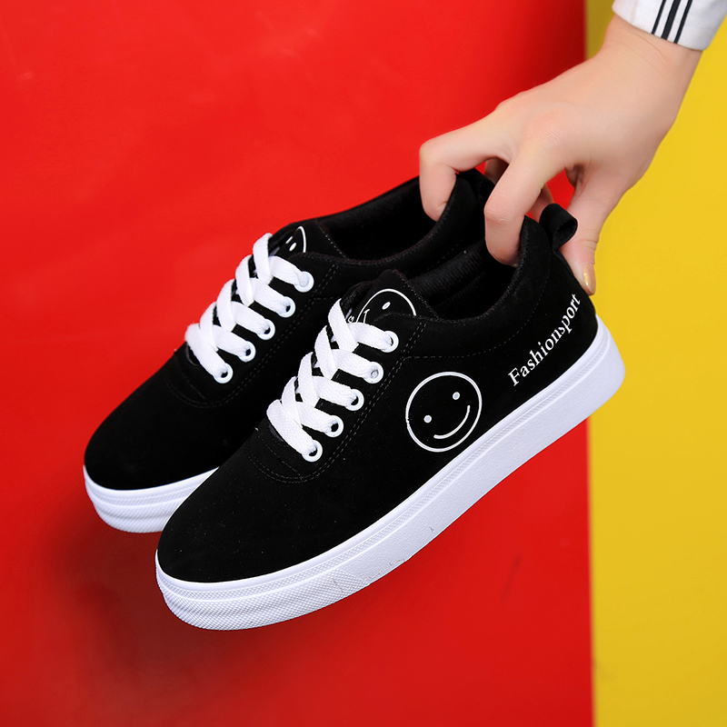 枫述鞋子女韩版学生原宿风黑色帆布鞋女日系小清新可爱笑脸街拍小黑鞋
