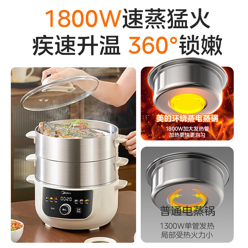 美的(Midea)电蒸锅电煮锅不锈钢14.5L大容量蒸锅炖蒸煮一体多功能锅蒸包子蒸馒头 MZ-ZGC2899高清大图