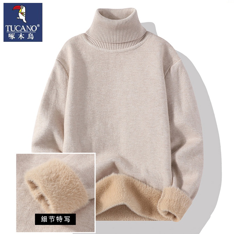 啄木鸟冬季男士高领毛衣潮流宽松加厚保暖打底线衣服纯色针织衫男高清大图