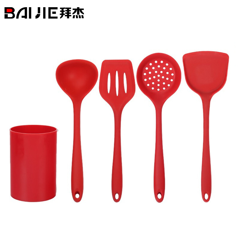 拜杰硅胶锅铲套装耐高温防烫不粘锅硅胶汤勺铲子漏勺煎铲套筒红色铲勺套装五件套