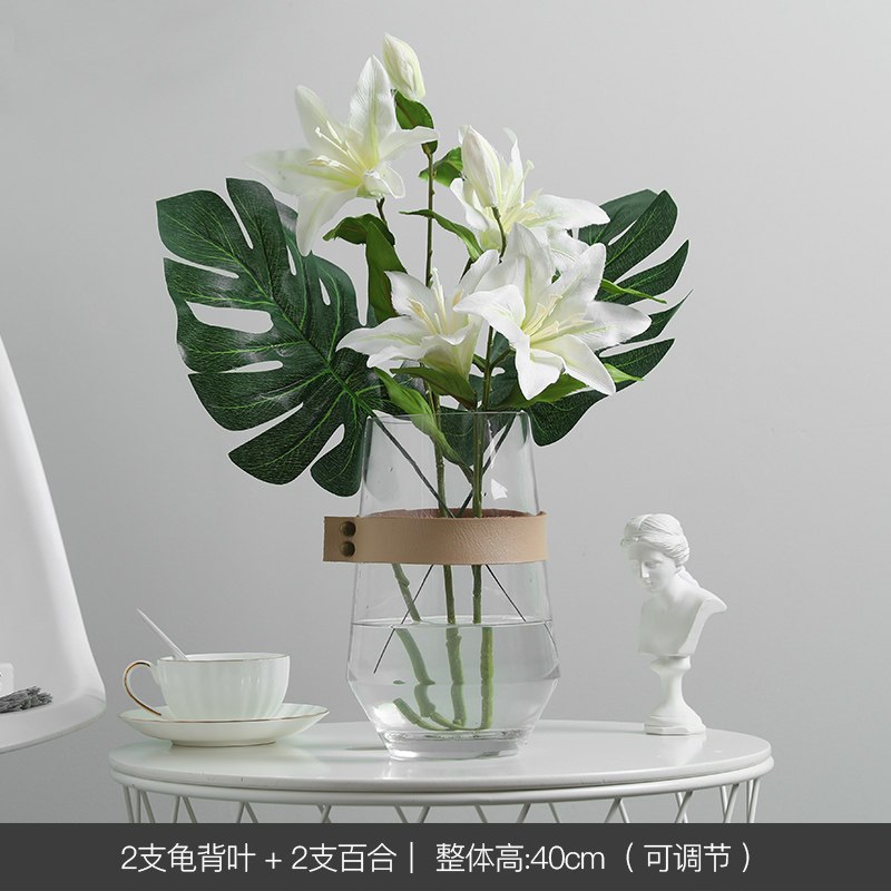 闪电客花瓶 花艺北欧现代简约玻璃花瓶家居透明插花干花创意皮革小清新水培花器2支龟背叶2支百合 花瓶 套装价 价格图片品牌报价 苏宁易购洛滑五金工具专营店