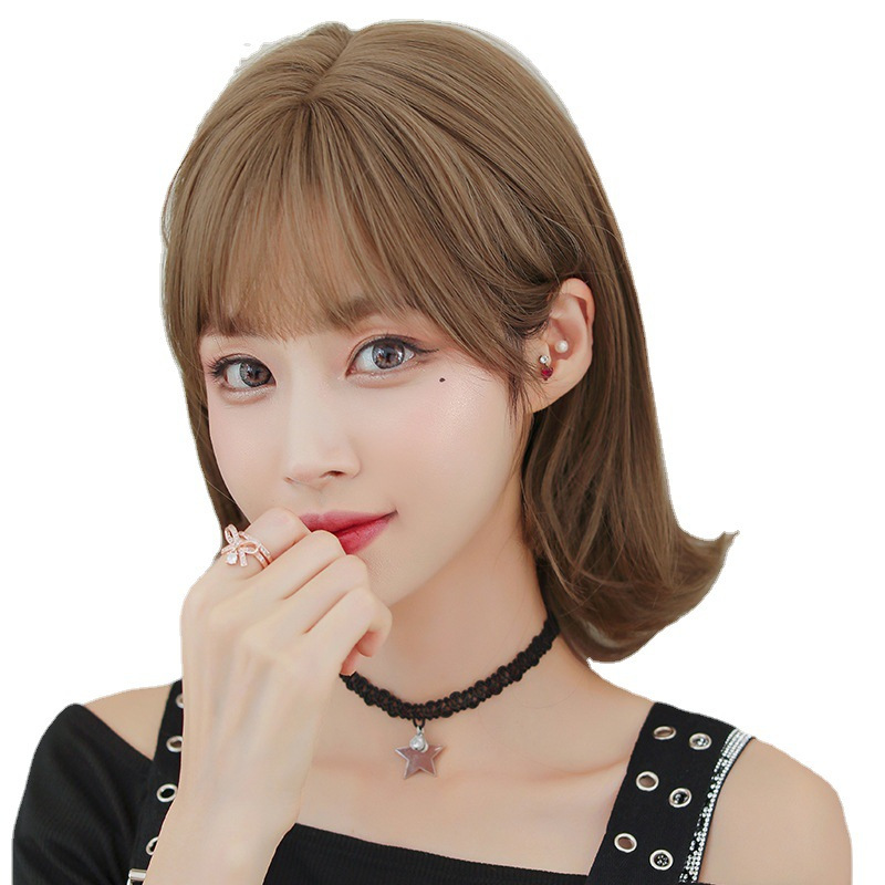 假发女短发韩式发尾外翻短卷发自然全头套蓬松层次锁骨发巧克力色