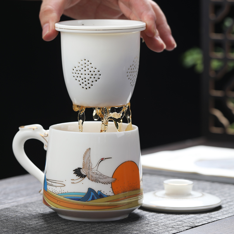 元青茶杯(MULTIPOTENT)玉瓷办公杯陶瓷带盖滤芯茶水分离过滤茶杯德化白瓷会议室水杯银鹤龙水杯礼盒装高清大图