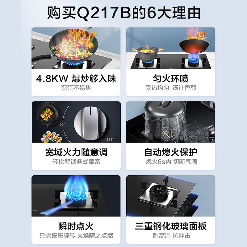 美的(Midea)台式嵌入式燃气灶双灶大火力灶具家用4.8kw猛火灶灶台双眼炉具煤气灶台嵌两用Q217B 天然气高清大图