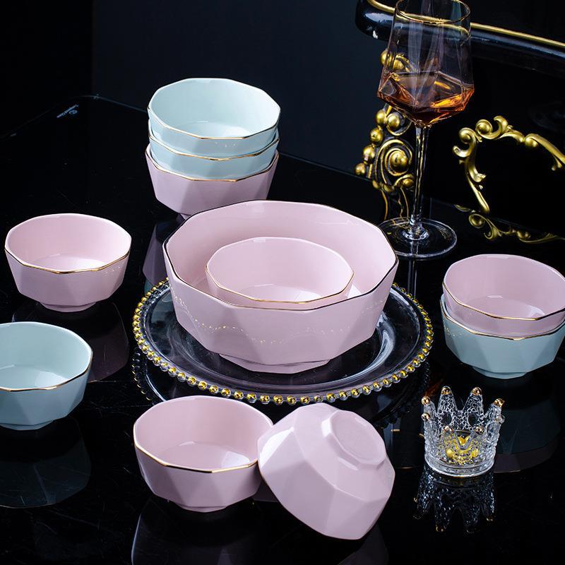 景德镇陶瓷5寸米饭碗家用6寸面碗8汤碗7轻奢钻石纹八角碗青瓷餐具