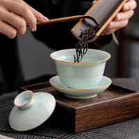 苏氏陶瓷(SUSHI CERAMICS)汝窑卵青 三才盖碗开片可养金线初放功夫茶具泡茶碗