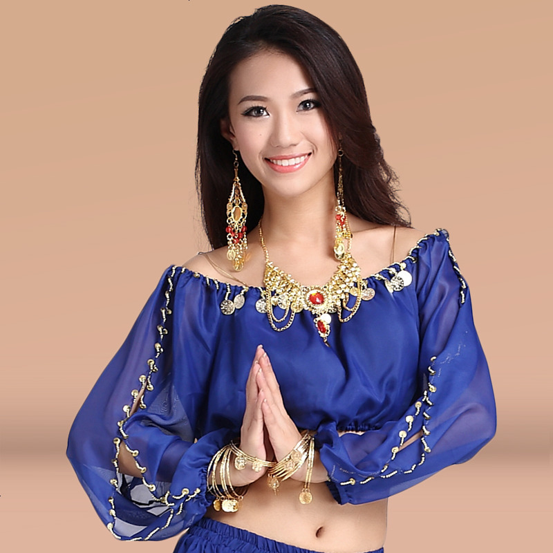 飞魅肚皮舞上衣肚皮舞长袖雪纺灯笼袖上衣肚皮舞衣服装有胸垫