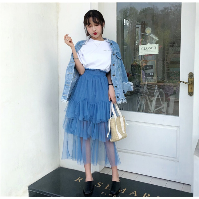 2018夏装新款港味复古chic纯色高腰网纱裙中长款A字半身裙女蓝色均码