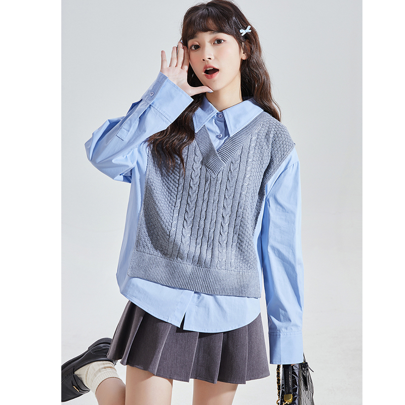 [2.5折价157元]唐狮秋冬新款拼接长袖衬衫女假毛衣马甲学院风叠穿衬衣