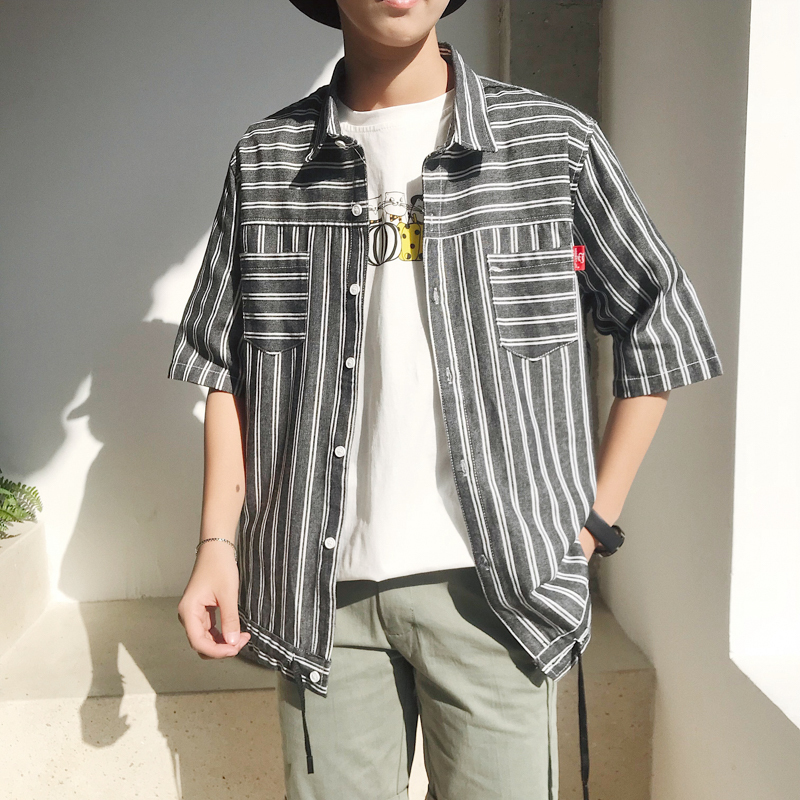 日系条纹衬衫短袖男夏款韩版潮学生帅气日韩风半袖港风时尚衬衣