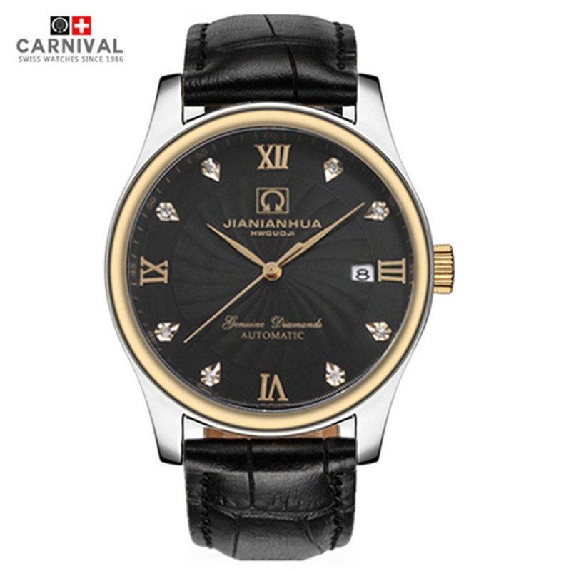 瑞士嘉年华CARNIVAL手表名匠系列男士全自动机械表 男休闲时尚日历防水背透精钢真皮表带商务男表 腕表8828G水钻款 间金色黑面