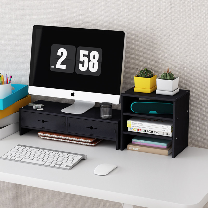 电脑显示器屏增高架底座桌面键盘整理收纳置物架托盘支架子抬加高 双层双抽+三层-黑色