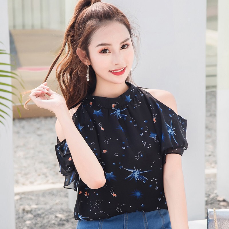 女时尚花衫宽松碎花雪纺衫女夏装2018韩版露肩百搭打底上衣短袖潮