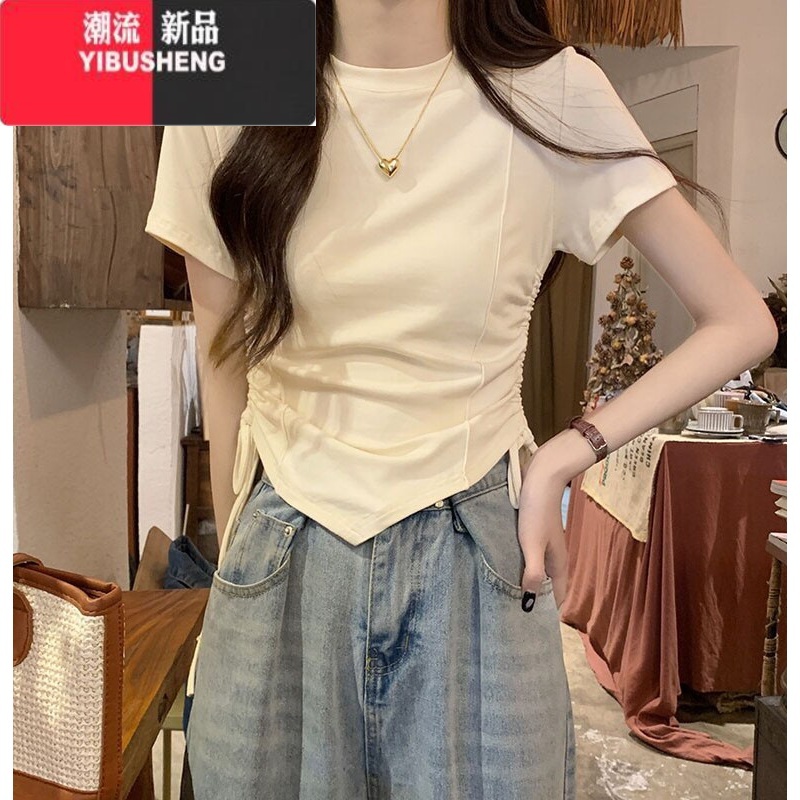 YIBUSHENG纯欲辣妹风抽绳设计感短袖t恤女季新款不规则修身显瘦短款上衣高清大图