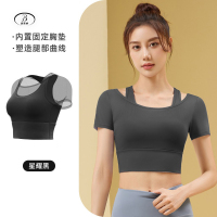 班蒂纳瑜伽服女运动裸感自带胸垫蜜桃网纱假两件短袖JYMD032