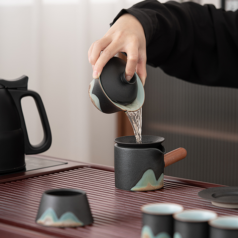 苏氏陶瓷(SUSHI CERAMICS)茶具套装电木色款自动烧水壶一体配整套国潮风釉画彩千里江山茶杯
