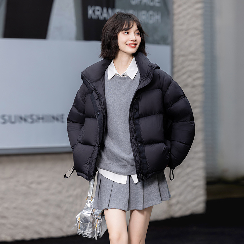 2025冬季新款短款羽绒服时尚休闲百搭女士连帽面包服90鸭绒高品质 墨黑色 S100斤