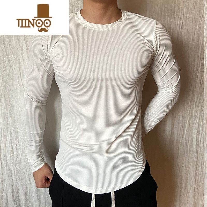YANXU运动长袖T恤健身紧身衣修身高弹力条纹圆领休闲肌肉男打底衫内搭高清大图