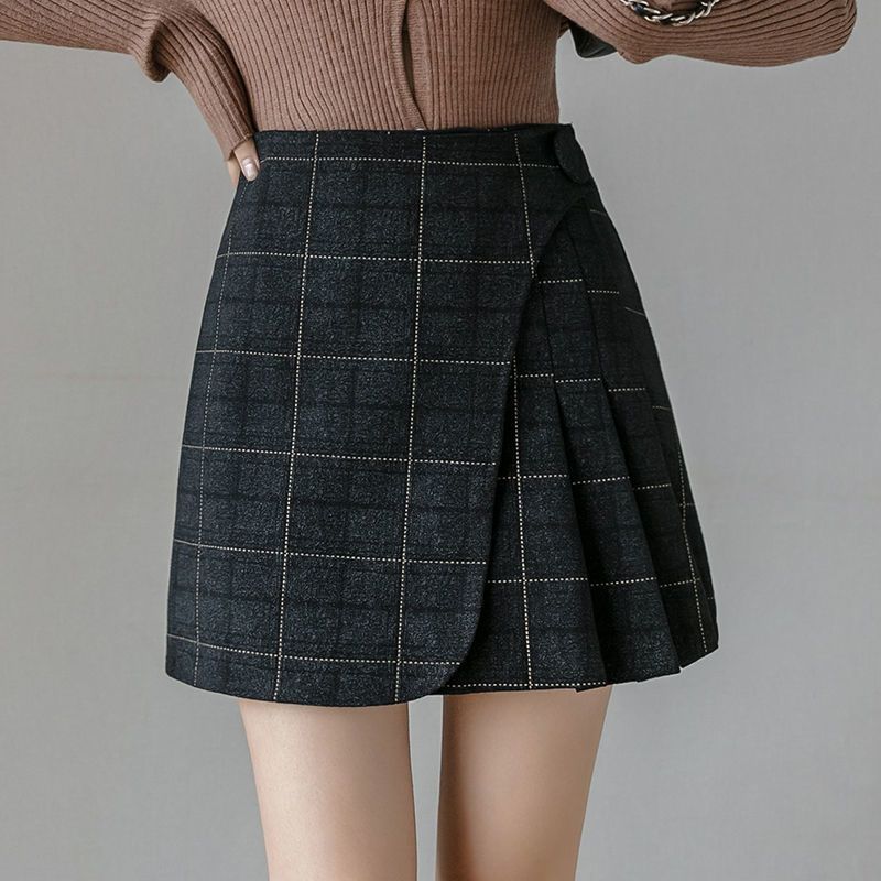 毛呢格子半身裙女2020秋新款韩版不规则百褶裙高腰包臀a字短裙