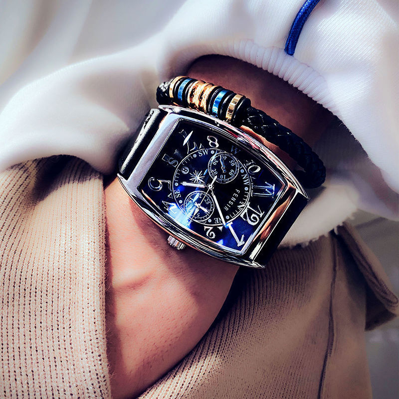 情侣新款酒桶型手表男士韩版时尚石英表简约日历防水帅气手表男学生