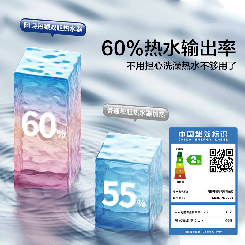阿诗丹顿(USATON)超薄电热水器KB35-N50D30储水式50升扁桶热水器双胆速热家用小体积型洗澡